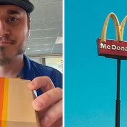 man order a quarter pounder (l) McDonalds entrance (r)