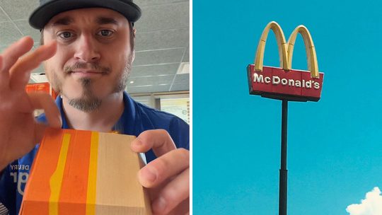 man order a quarter pounder (l) McDonalds entrance (r)