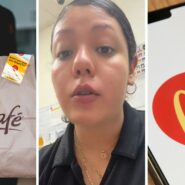 McDonald’s breakfast bag (l) woman shares tips when ordering McDonald’s breakfast on mobile app (c) McDonalds mobile app (r)