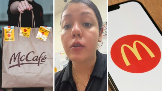 McDonald’s breakfast bag (l) woman shares tips when ordering McDonald’s breakfast on mobile app (c) McDonalds mobile app (r)
