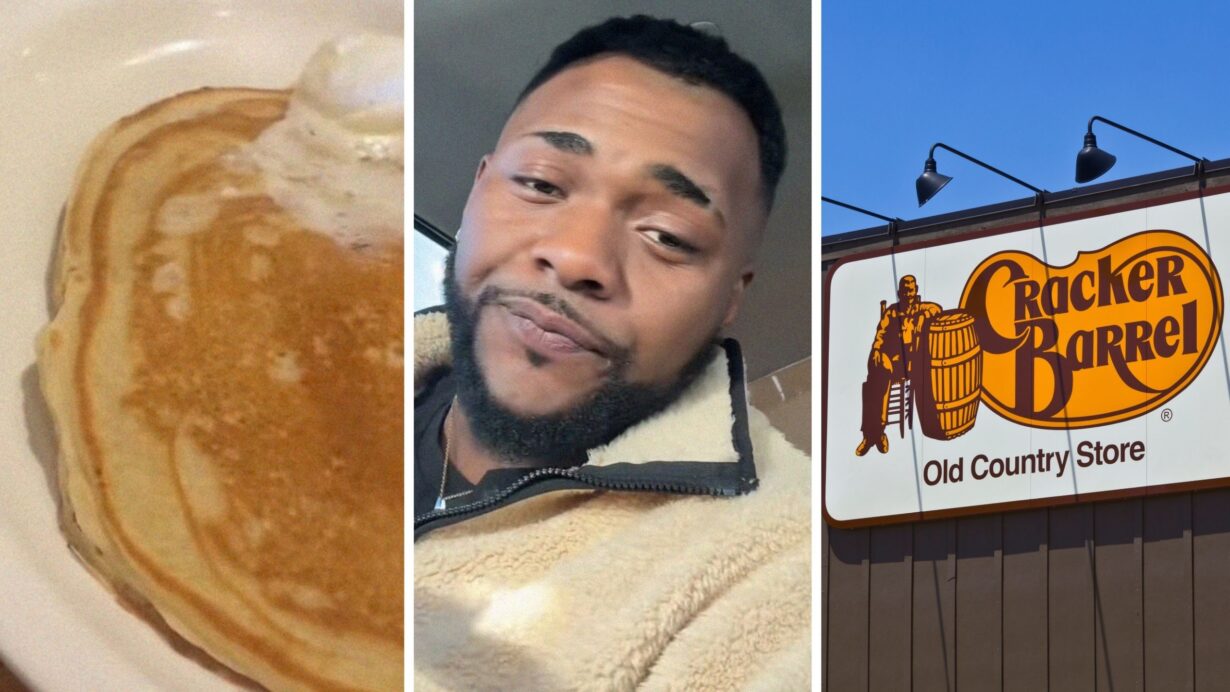 fluffy pancakes (l) man shares eating out tip (c) Cracker Barrel entrance (r)