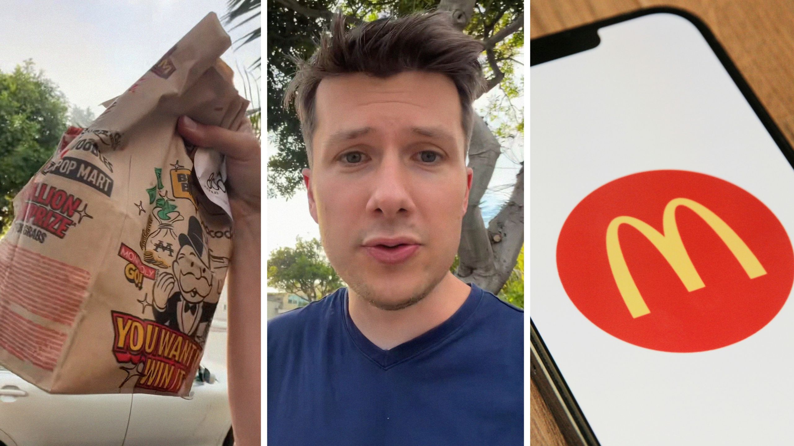 McDonalds bag (l) man shares McDonalds hack (c) McDonalds app (r)