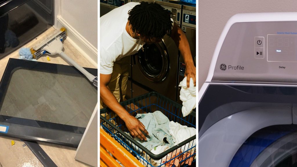 washer cover (l) man puts a load of laundry in his GE washer (c) GE Profile washer (r)
