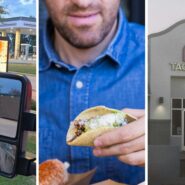 food drive-thru (l) man goes to taco bell for food (c) Taco Bell entrance (r)