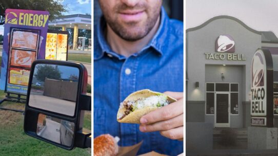 food drive-thru (l) man goes to taco bell for food (c) Taco Bell entrance (r)