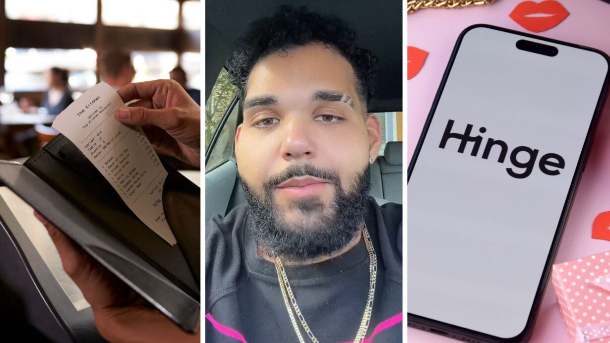 Restaurant bill (l) man shares dating experience (c) Hinge app (r)