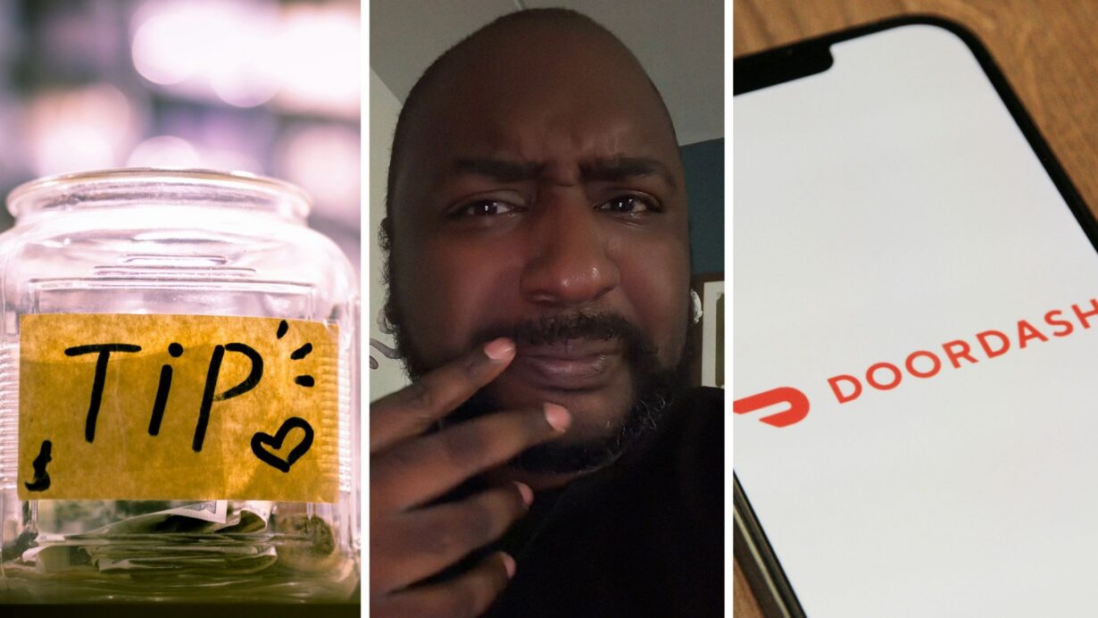 tip jar (l) man shares doordash experience (c) doordash app (r)