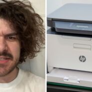 man shares printer issue (l) HP printer (r)
