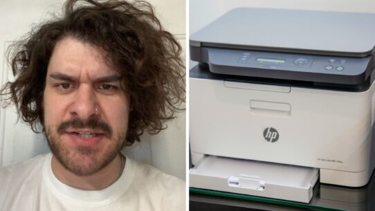 man shares printer issue (l) HP printer (r)