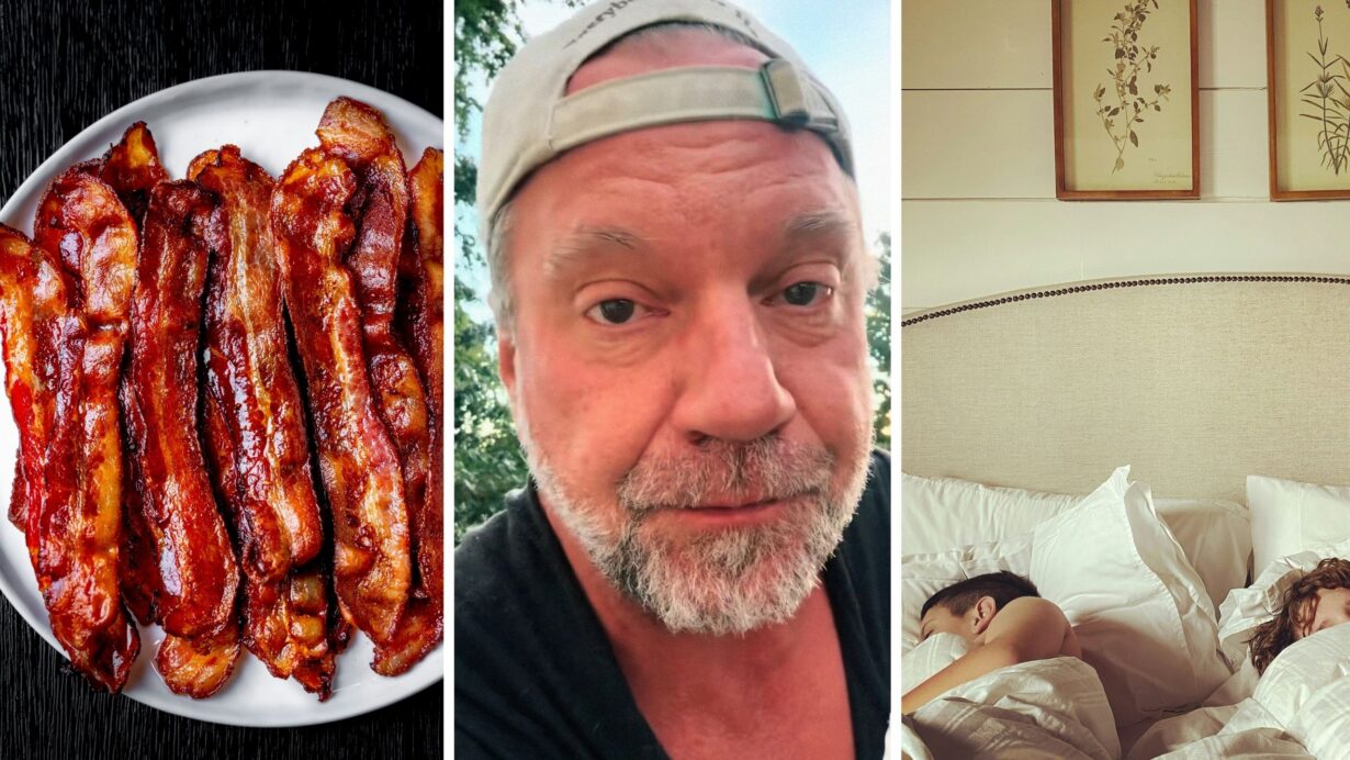 crispy bacon (l) man shares strange morning experience (c) couple asleep (r)