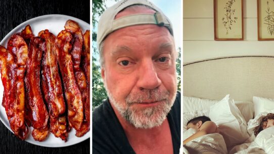 crispy bacon (l) man shares strange morning experience (c) couple asleep (r)