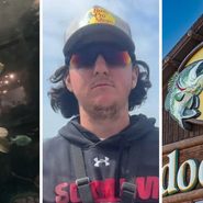 fish in a tank (l) man shares Bass Pro Shop observation (c) Bass Pro Shop entrance (r)