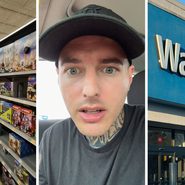 walmart toys (l) man shares walmart experience (c) walmart storefront (r)