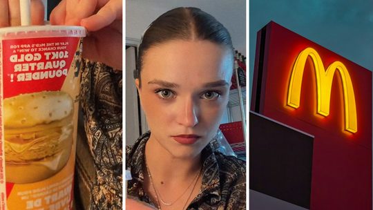 soda cup (l) woman shares McDonalds experience (c) McDonalds fast food (r)