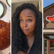 triple dipper entree (l) woman shares chili's experience (c) Chili's entrance (r)