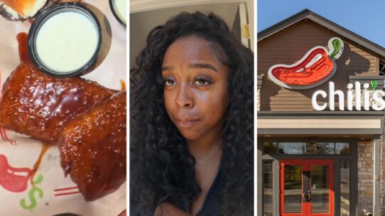 triple dipper entree (l) woman shares chili's experience (c) Chili's entrance (r)