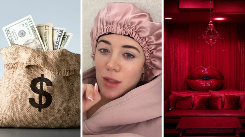 bag of cash (l) woman shares Midnight ballerina experiences (c) dance club (r)