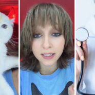 cute white cat (l) woman shares vet issue (c) Female vet (r)