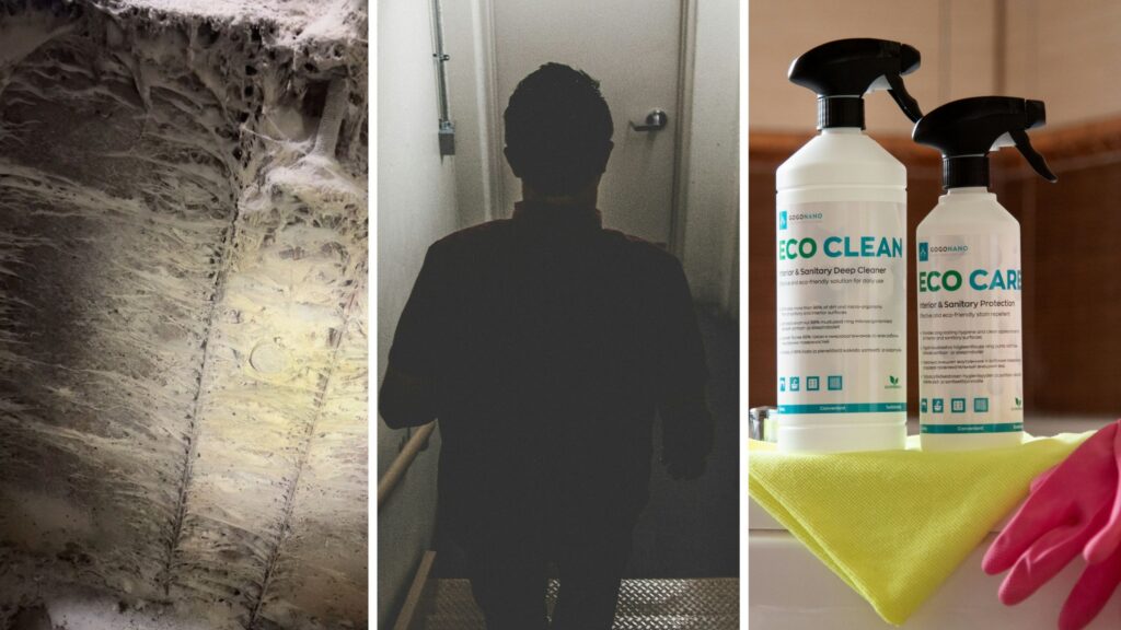 dirty walls (l) man going into basement (c) cleaning supplies (r)