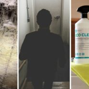 dirty walls (l) man going into basement (c) cleaning supplies (r)
