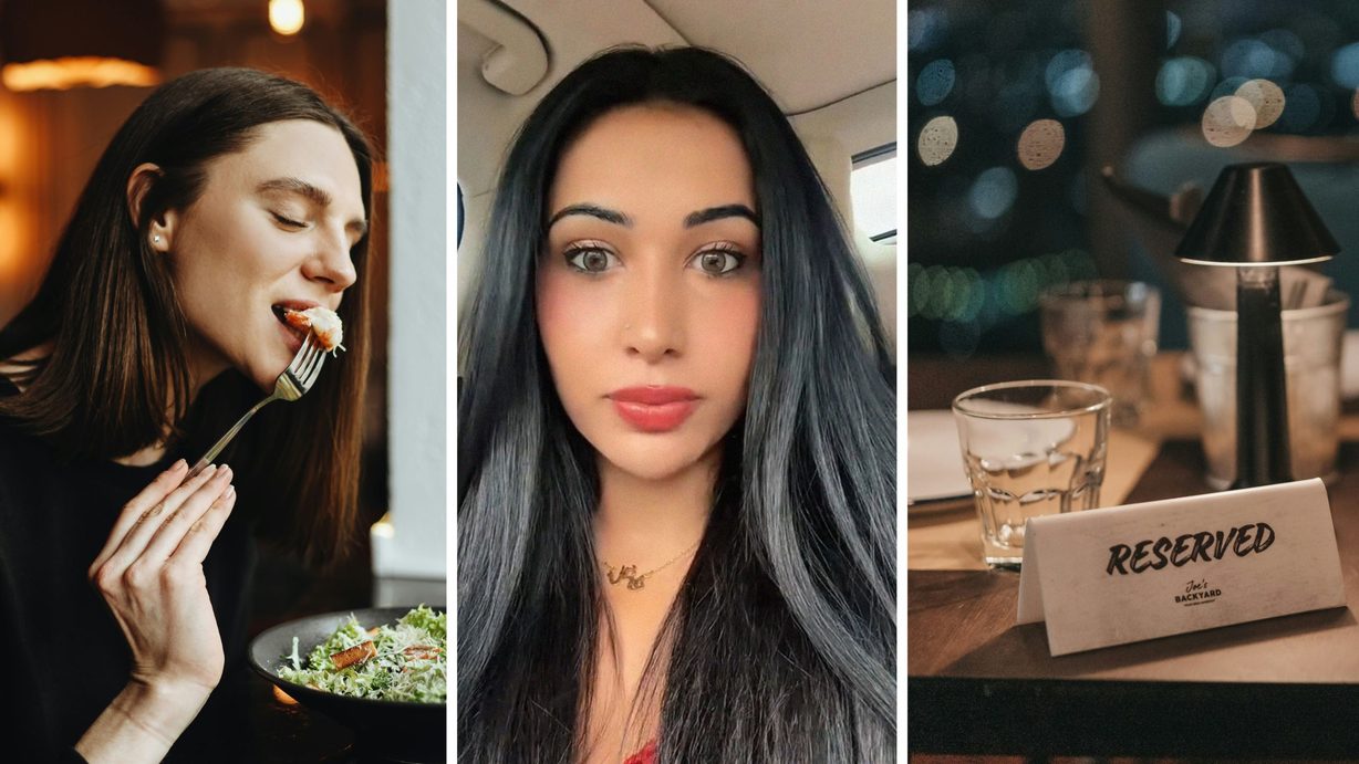 woman eating alone (l) woman shares dinner date experience (c) dinner date table (r)