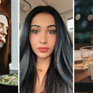 woman eating alone (l) woman shares dinner date experience (c) dinner date table (r)