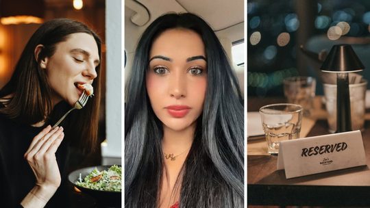 woman eating alone (l) woman shares dinner date experience (c) dinner date table (r)