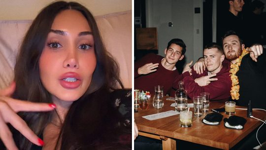 woman shares her opinion on older men (l) group of men (r)