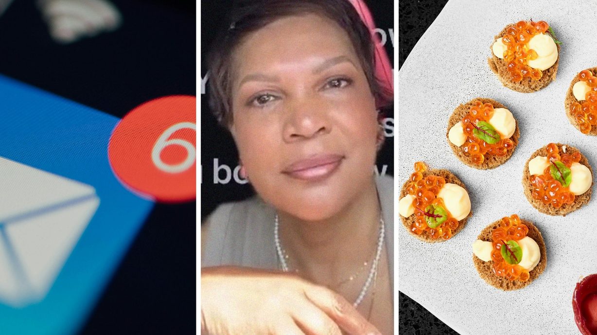 message request (l) woman shares owning a small business experiences (c) Caviar catering (r)