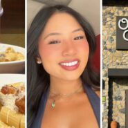 Pasta bowls (l) woman shares Olive Garden Hack (c) Olive Garden entrance (r)