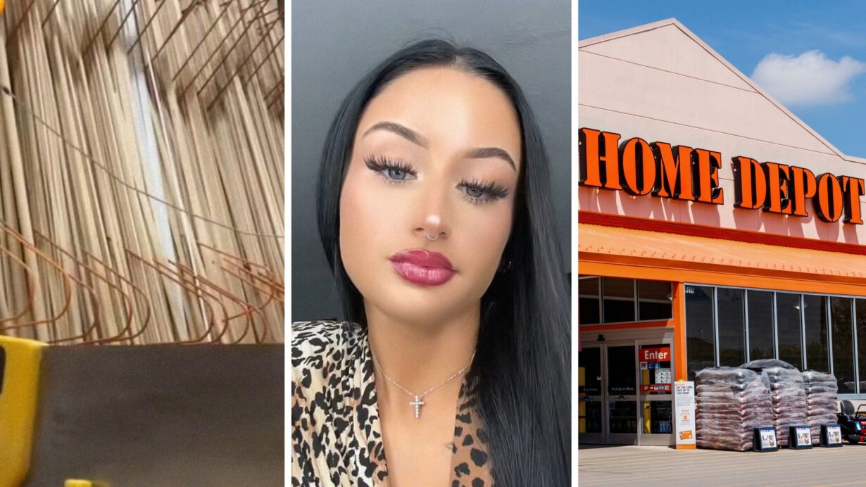 wood sticks (l) woman shares Home depot experience (c) The Home Depot entrance (r)