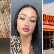 wood sticks (l) woman shares Home depot experience (c) The Home Depot entrance (r)