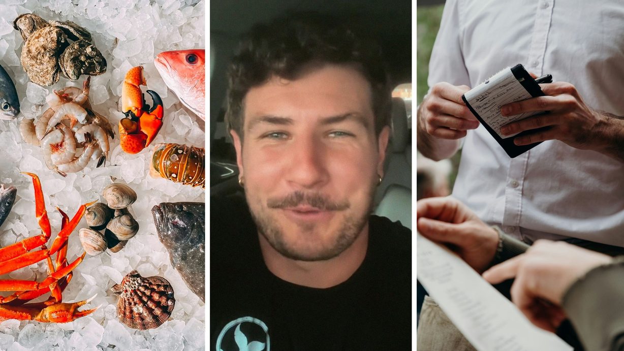 group off seafood and shell fish (l) waiter shares a day in the job (c) waiter taking food order (r)