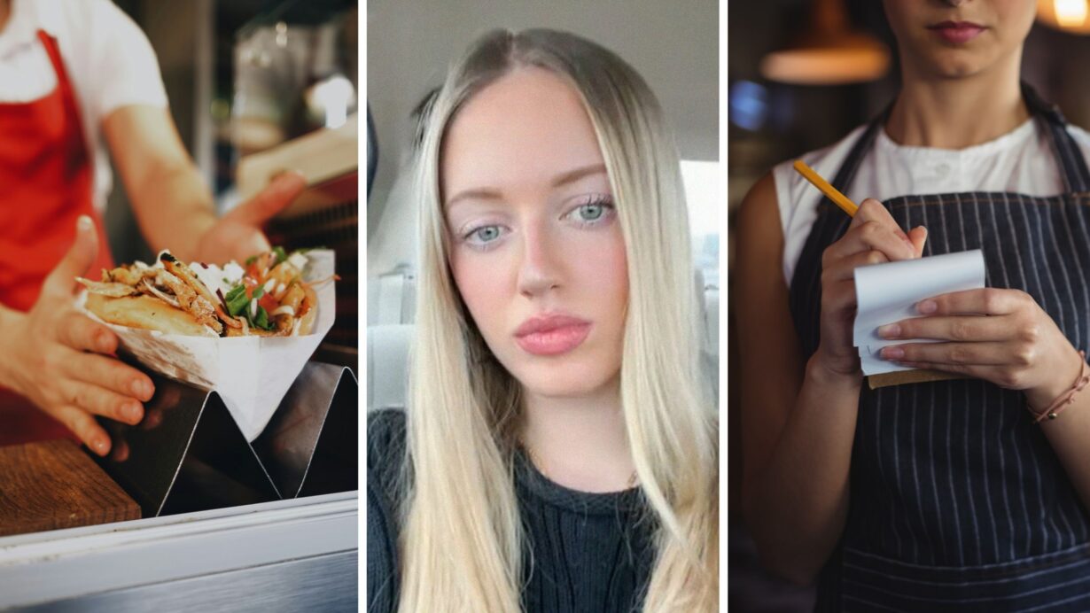 food order (l) woman shares waitress hack (c) waitress taking down a food order (r)