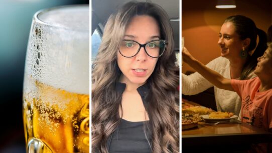 beer glass (l) woman shares job experience (c) family eating out (r)