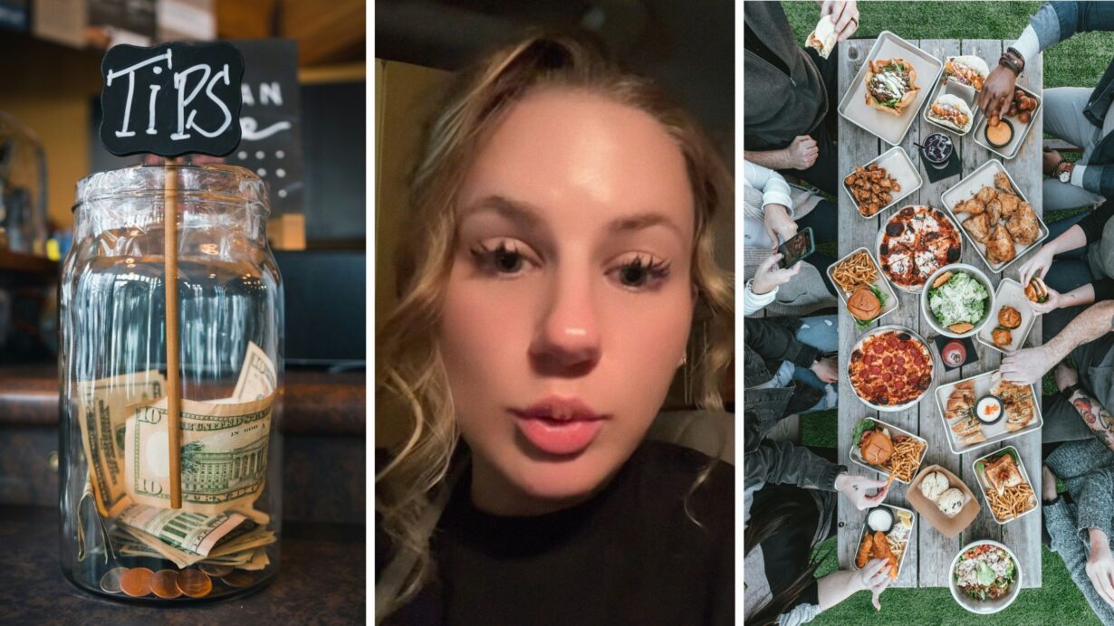 tip jar (l) woman shares job experience (c) large group eating out (r)