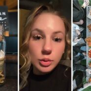 tip jar (l) woman shares job experience (c) large group eating out (r)