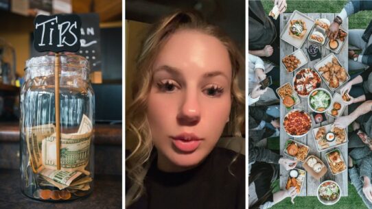 tip jar (l) woman shares job experience (c) large group eating out (r)