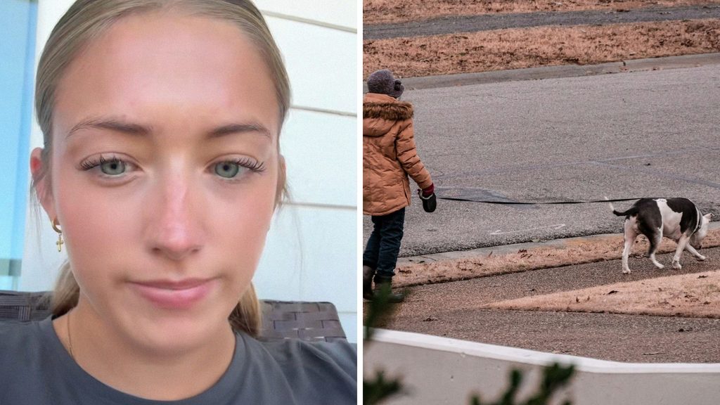 woman shares dog walk experience (l) woman walking her dog (r)