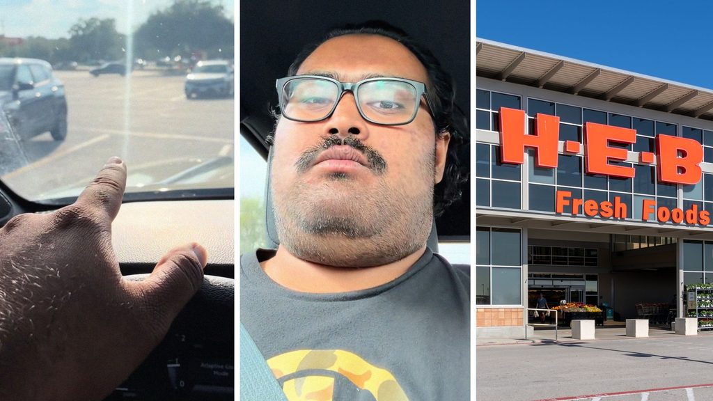 man pointing at parking lot (l) man shares parking lot observation (c) H-E-B storefront (r)