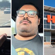 man pointing at parking lot (l) man shares parking lot observation (c) H-E-B storefront (r)