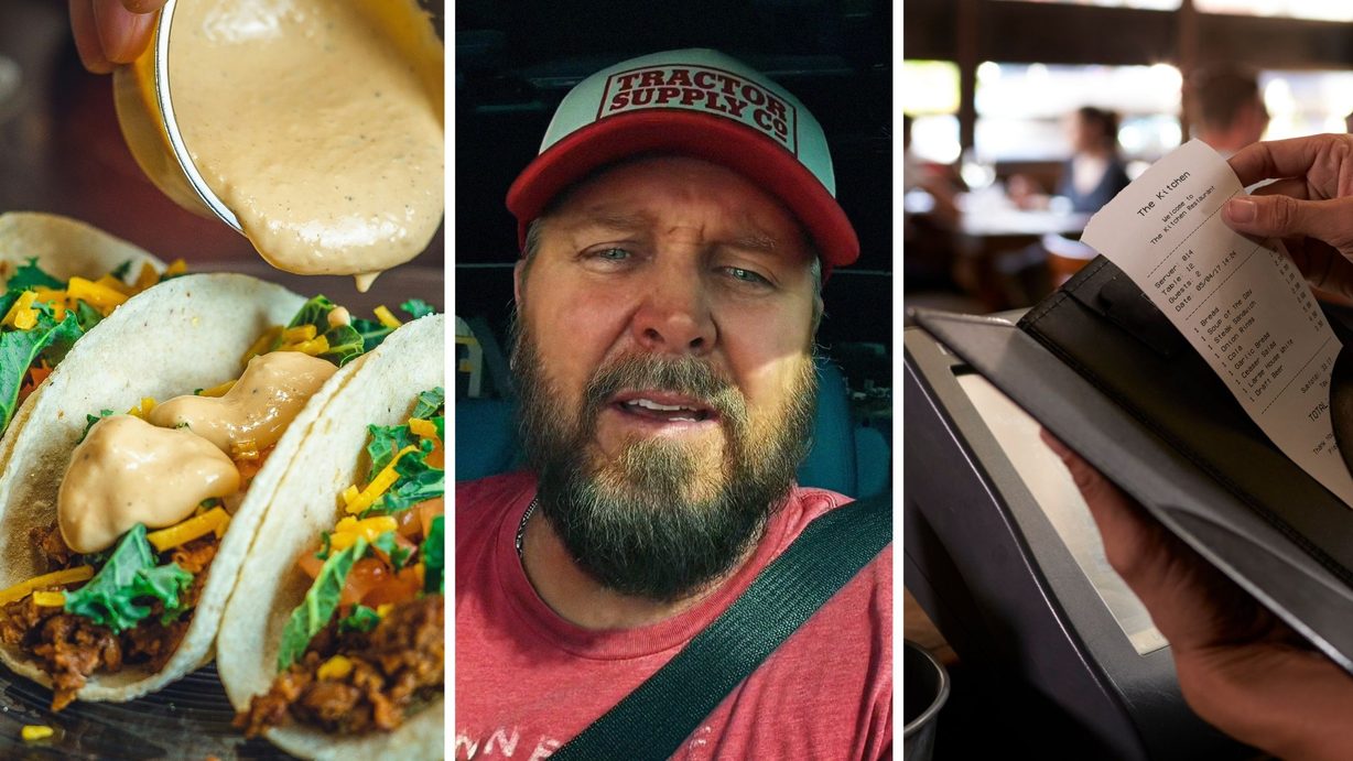 Mexican Tacos (l) man shares eating out experience (c) Food bill (r)