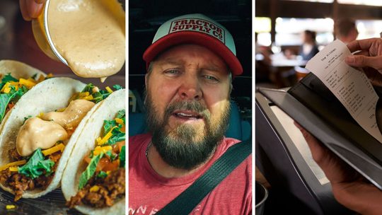 Mexican Tacos (l) man shares eating out experience (c) Food bill (r)