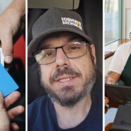man paying with his card (l) man shares potential scam experience (c) store cashier (r)