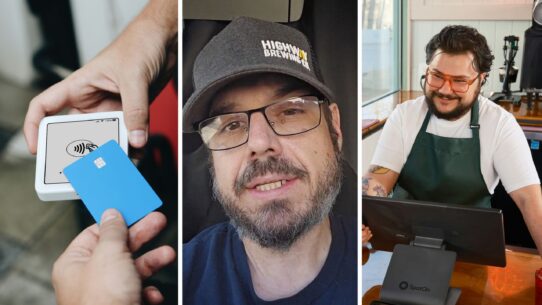 man paying with his card (l) man shares potential scam experience (c) store cashier (r)