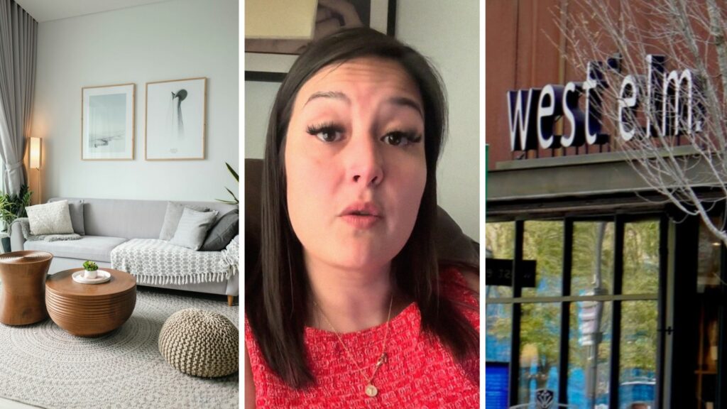 cozy couch (l) woman shares couch shopping experience (c) West Elm storefront (r)