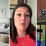 cozy couch (l) woman shares couch shopping experience (c) West Elm storefront (r)