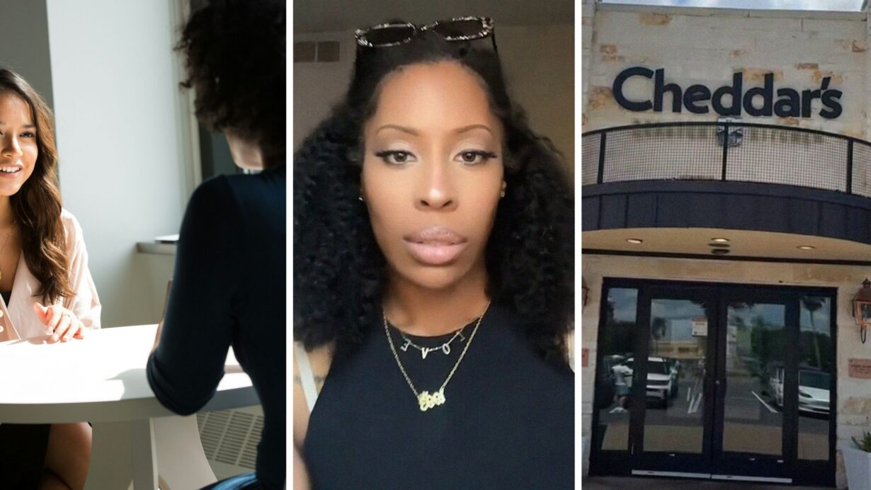 job interview (l) woman shares Cheddar's job interview experience (c) Cheddar's entrance (r)