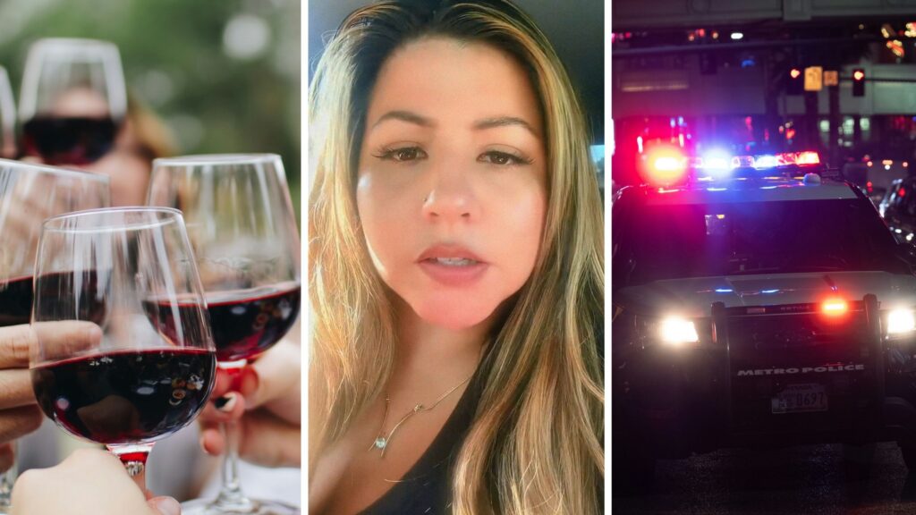 glass of wine (l) woman shares DUI experience (c) police car (r)
