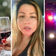 glass of wine (l) woman shares DUI experience (c) police car (r)
